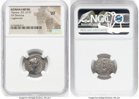 Tiberius (AD 14-37). AR denarius (18mm, 12h). NGC VF. Lugdunum, ca. AD 15-18. TI CAESAR DIVI-AVG F AVGVSTVS, laureate head of Tiberius right / PONTIF-...
