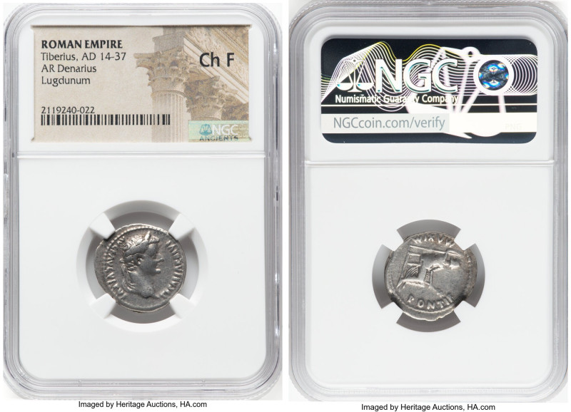 Tiberius (AD 14-37). AR denarius (20mm, 3h). NGC Choice Fine. Lugdunum, ca. AD 1...