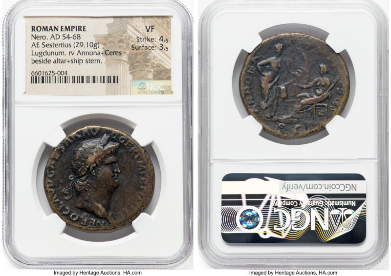 Nero (AD 54-68). AE sestertius (34mm, 29.10 gm, 6h). NGC VF 4/5 - 3/5. Lugdunum,...