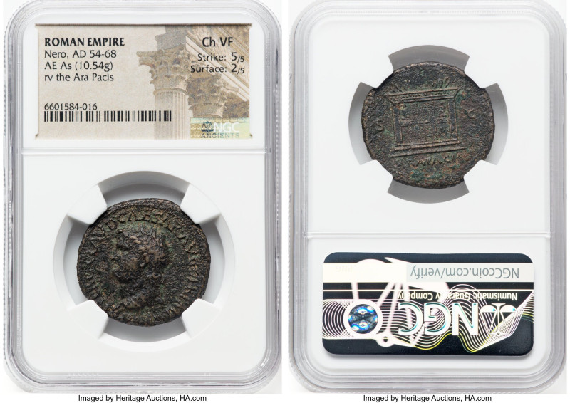 Nero (AD 54-68). AE as (28mm, 10.54 gm, 6h). NGC Choice VF 5/5 - 2/5. Lugdunum, ...