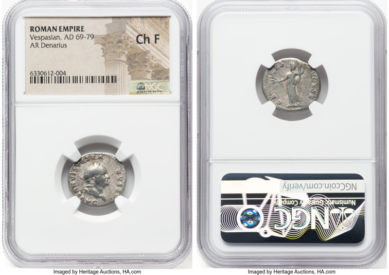 Vespasian (AD 69-79). AR denarius (18mm, 6h). NGC Choice Fine. Rome, AD 77-78. C...