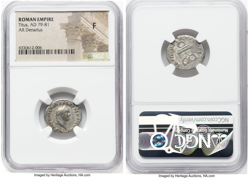 Titus, as Augustus (AD 79-81). AR denarius (19mm, 5h). NGC Fine. Rome, AD 80, Ja...