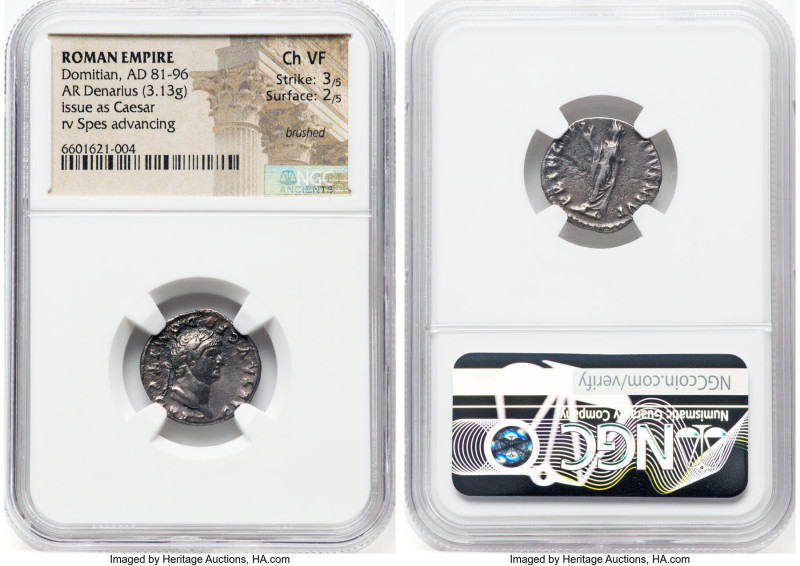 Domitian, as Caesar (AD 81-96). AR denarius (19mm, 3.13 gm, 7h). NGC Choice VF 3...