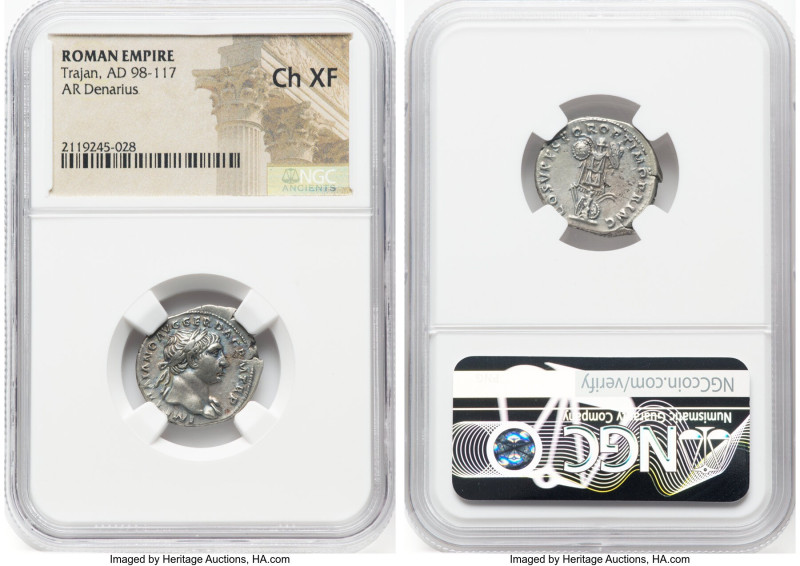 Trajan (AD 98-117). AR denarius (20mm, 6h). NGC Choice XF. Rome, AD 103-111. IMP...