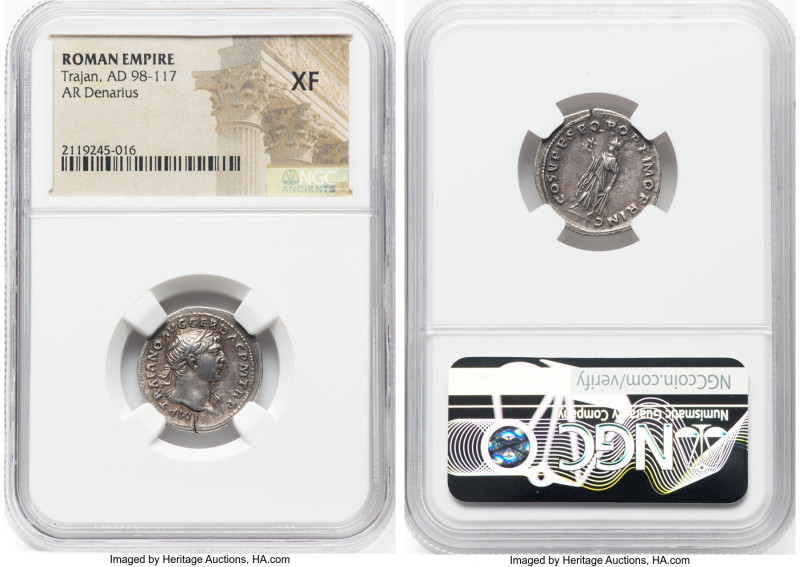 Trajan (AD 98-117). AR denarius (20mm, 7h). NGC XF. Rome, AD 103-111. IMP TRAIAN...