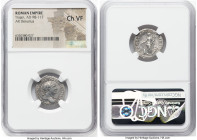 Trajan (AD 98-117). AR denarius (19mm, 6h). NGC Choice VF. Rome, AD 107. IMP TRAIANO AVG GER DAC P M TR P COS V P P, laureate bust of Trajan right, wi...