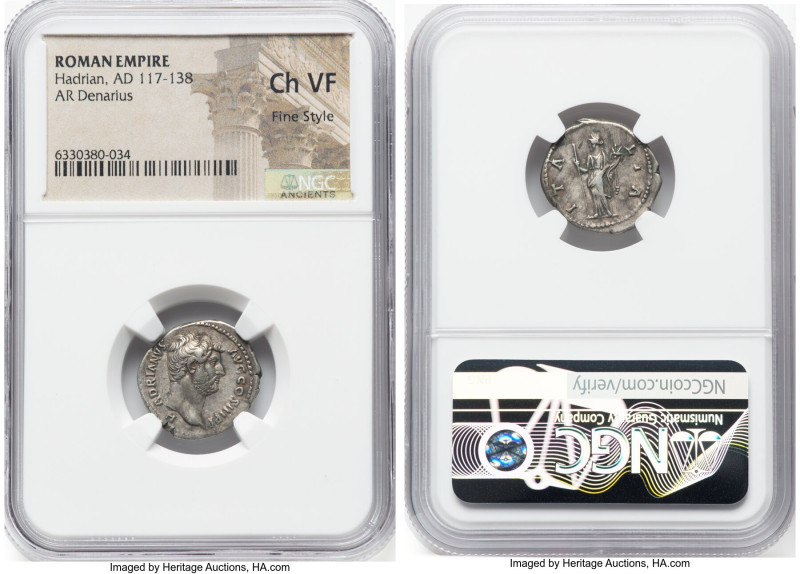 Hadrian (AD 117-138). AR denarius (18mm, 6h). NGC Choice VF, Fine Style. H-ADRIA...