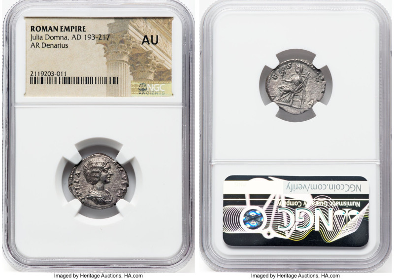 Julia Domna (AD 193-217). AR denarius (18mm, 6h). NGC AU. Rome. IVLIA-AVGVSTA, d...