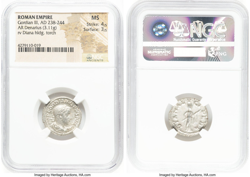 Gordian III (AD 238-244). AR denarius (19mm, 3.11 gm, 12h). NGC MS 4/5 - 3/5, Ro...