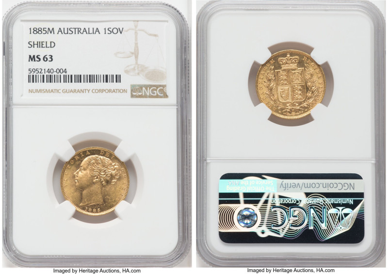 Victoria gold "Shield" Sovereign 1885-M MS63 NGC, Melbourne mint, KM6, S-3854A, ...