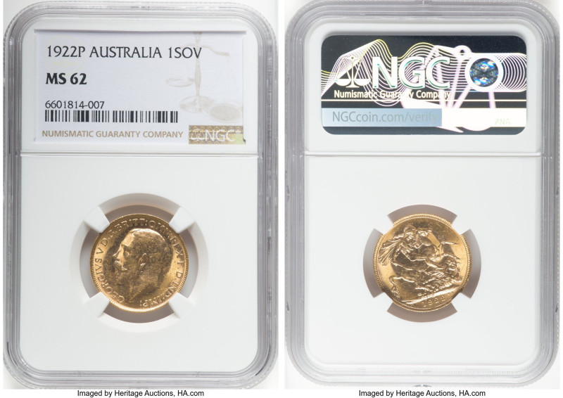 George V gold Sovereign 1922-P MS62 NGC, Perth mint, KM29. HID09801242017 © 2022...