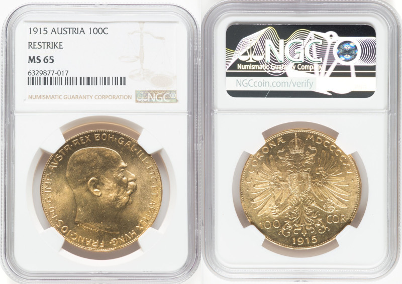 Franz Joseph I gold Restrike 100 Corona 1915 MS65 NGC, Vienna mint, KM2819, Fr-5...