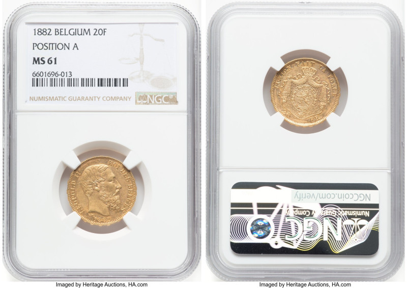 Leopold II gold 20 Francs 1882 MS61 NGC, Brussels mint, KM37, Fr-412. Position A...