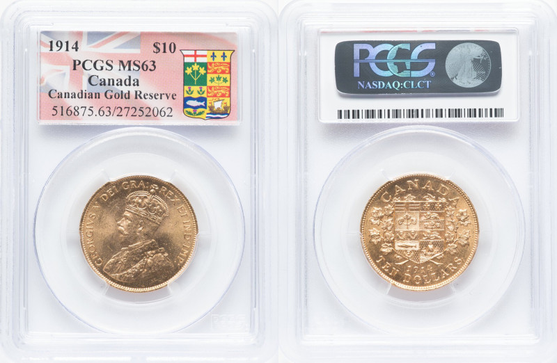 George V gold 10 Dollars 1914 MS63 PCGS, Ottawa mint, KM27, Fr-3. Canada Gold Re...