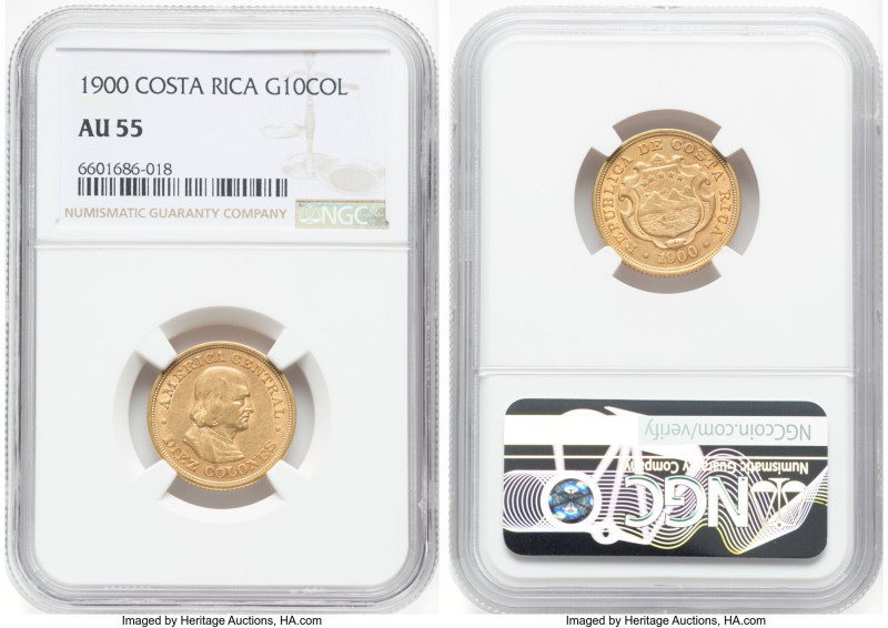 Republic gold 10 Colones 1900 AU55 NGC, Philadelphia mint, KM140, Fr-20. Last ye...