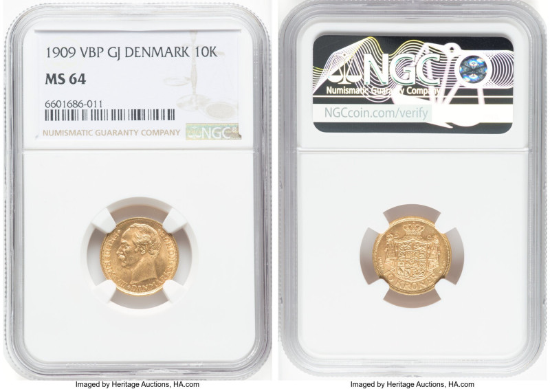 Frederick VIII gold 10 Kroner 1909 (h)-VBP MS64 NGC, Copenhagen mint, KM809, Fr-...