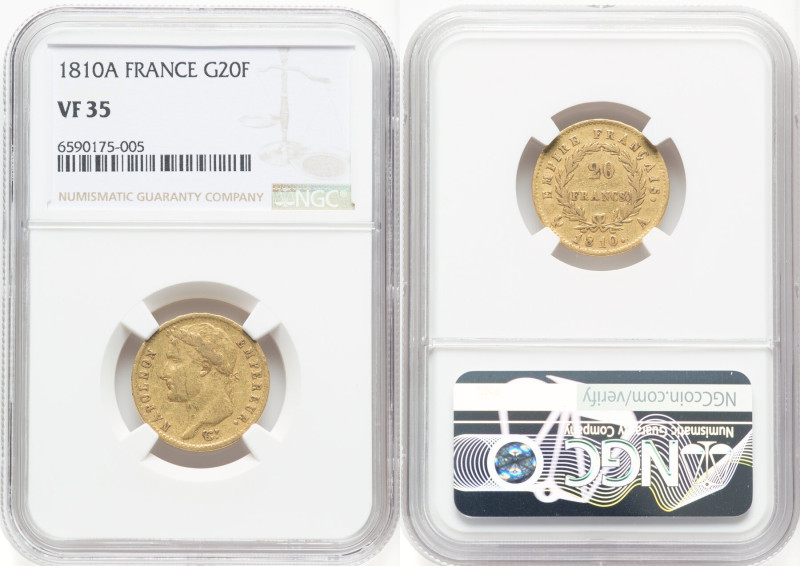 Napoleon gold 20 Francs 1810-A VF35 NGC, Paris mint, KM695.1, Fr-511. HID0980124...