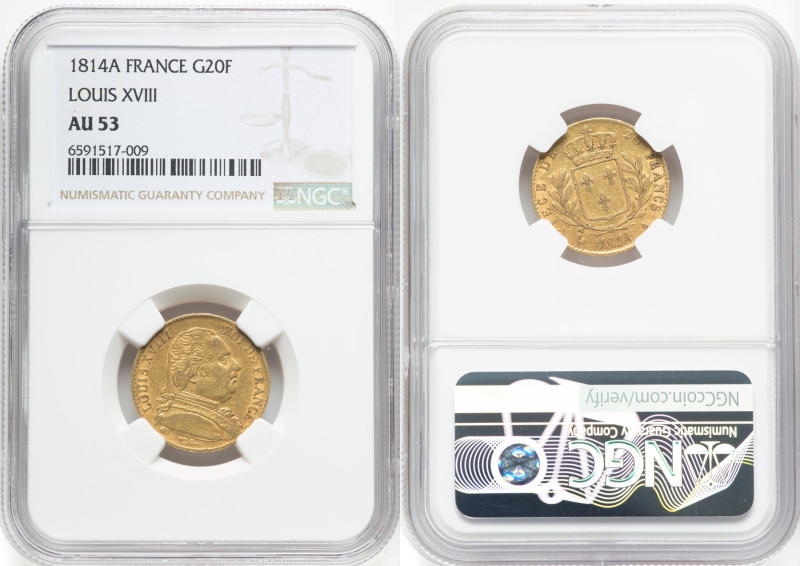 Louis XVIII gold 20 Francs 1814-A AU53 NGC, Paris mint, KM706.1, Fr-525. HID0980...