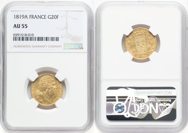 Louis XVIII gold 20 Francs 1819-A AU55 NGC, Paris mint, KM712.1, Fr-538. HID0980...