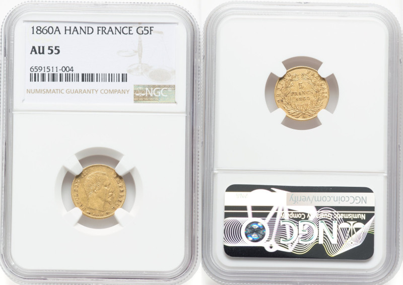 Napoleon III gold 5 Francs 1860-A AU55 NGC, Paris mint, KM787.1, Fr-578A. HID098...