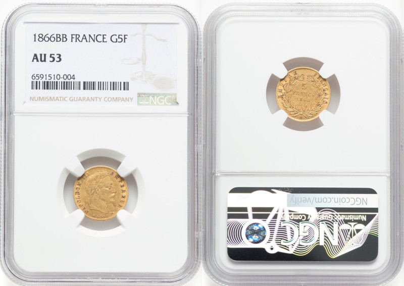 Napoleon III gold 5 Francs 1866-BB AU53 NGC, Strasbourg mint, KM803.2, Fr-581. H...