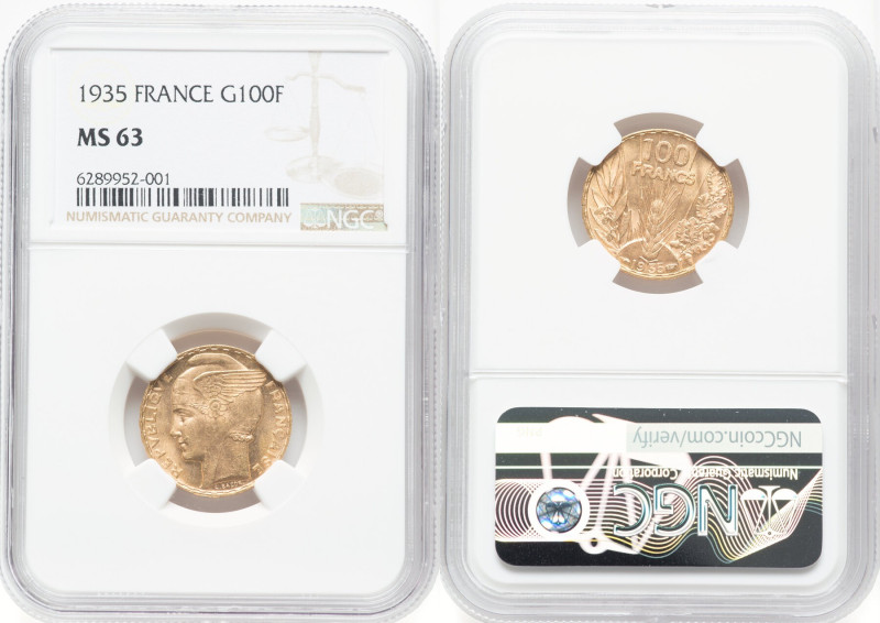 Republic gold "Bazor" 100 Francs 1935 MS63 NGC, Paris mint, KM880, Fr-598. HID09...