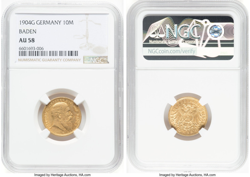 Baden. Friedrich I gold 10 Mark 1904-G AU58 NGC, Karlsruhe mint, KM275, Fr-3758....