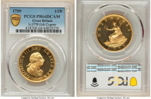 George III gilt-copper Proof Pattern 1/2 Penny 1799-SOHO PR64 Deep Cameo PCGS, Soho mint, S-3778, Peck-1233. A remarkable specimen from George III's S...