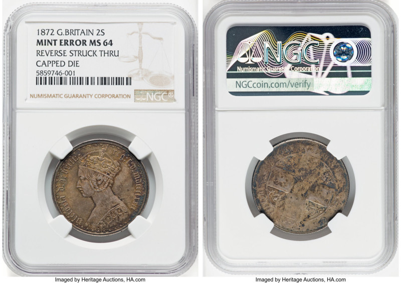 Victoria Mint Error - Reverse Struck Through Capped Die Florin 1872 MS64 NGC, KM...