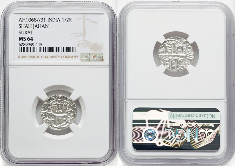 Mughal Empire. Shah Jahan 1/2 Rupee AH 1068 Year 31 (1657/1658) MS64 NGC, Surat ...