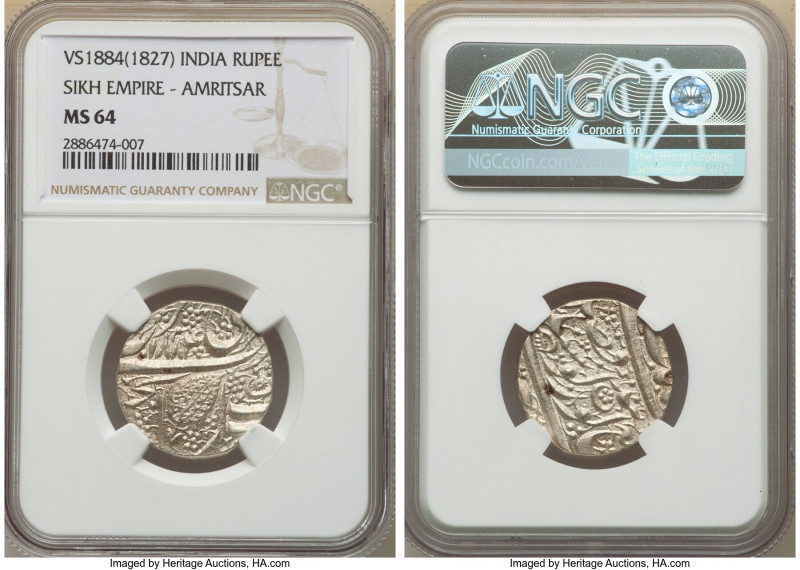 Sikh Empire. Ranjit Singh Rupee VS 1884 (1827) MS64 NGC, Amritsar mint, KM-A63. ...