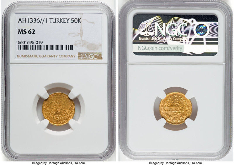 Ottoman Empire. Muhammad VI gold 50 Kurush AH 1327 Year 1 (1917/1918) MS62 NGC, ...