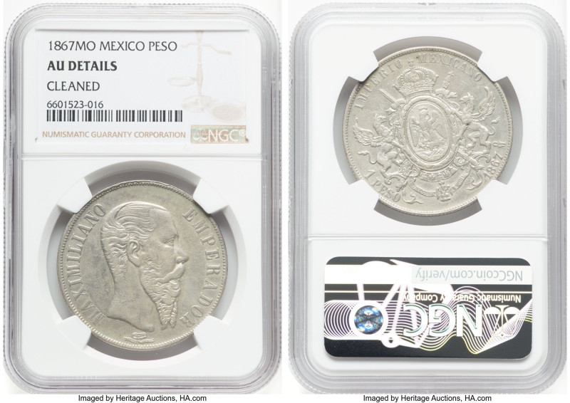 Maximilian Peso 1867-Mo AU Details (Cleaned) NGC, Mexico City mint, KM388.1. HID...