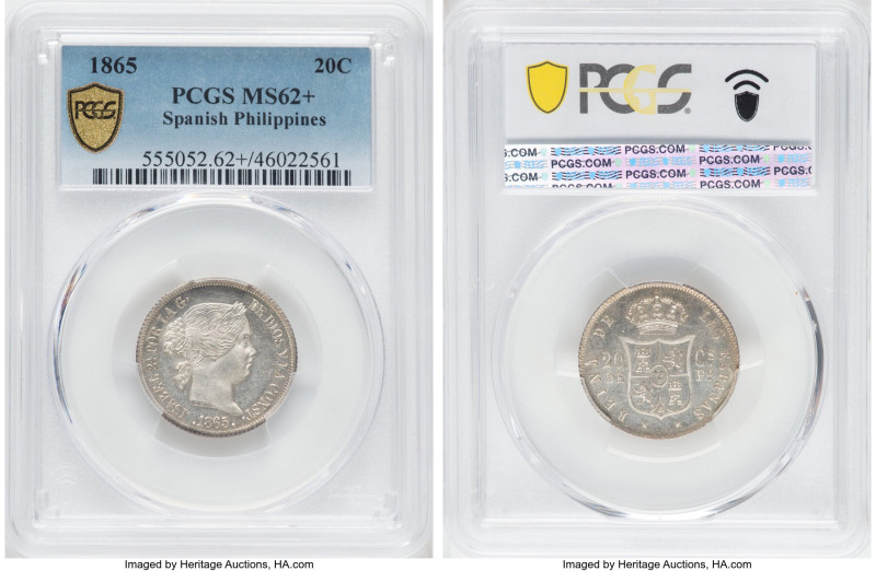 Spanish Colony. Isabel II 20 Centimos 1865 MS62+ PCGS, Manila mint, KM146. The s...