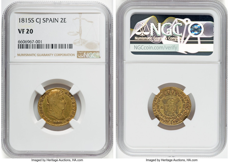 Ferdinand VII gold 2 Escudos 1815 S-CJ VF20 NGC, Seville mint, KM483.2. From the...