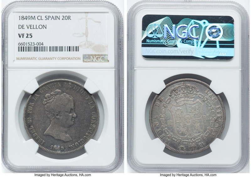 Isabel II "De Vellon" 20 Reales 1849 M-CL VF25 NGC, Madrid mint, KM579.1. HID098...