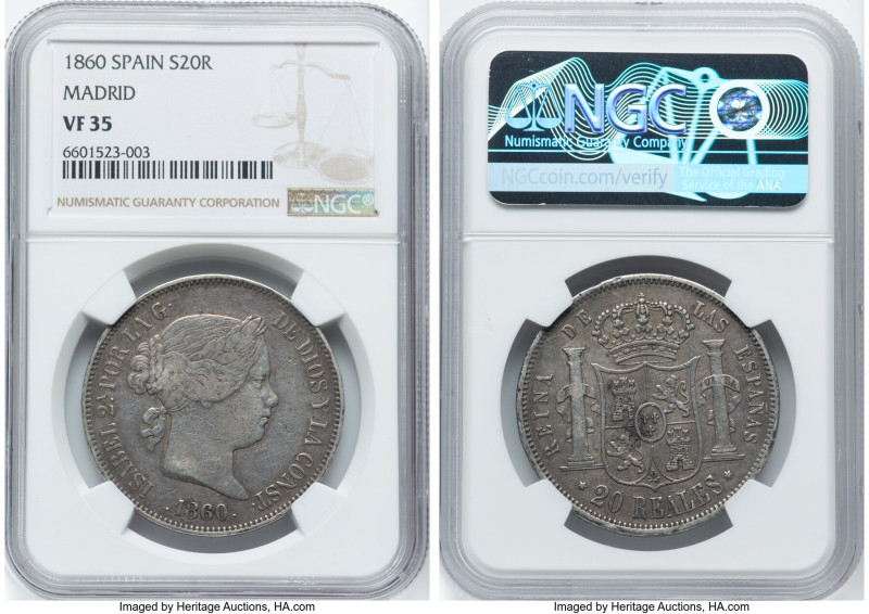 Isabel II 20 Reales 1860 VF35 NGC, Madrid mint, KM609.2. HID09801242017 © 2022 H...