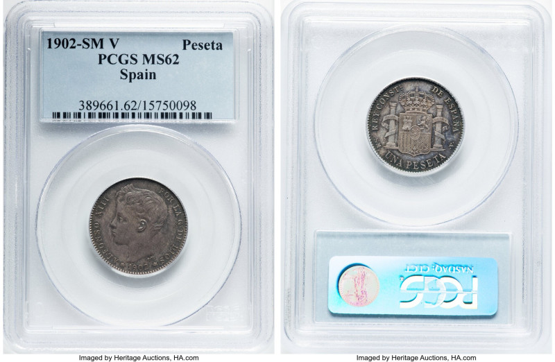 Alfonso XIII Peseta 1902 SM-V MS62 PCGS, Madrid mint, KM706, Cal-48. HID09801242...