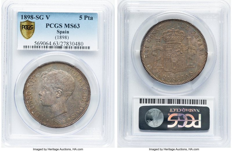 Alfonso XIII 5 Pesetas 1898(98) SG-V MS63 PCGS, Madrid mint, KM707, Cal-27. HID0...