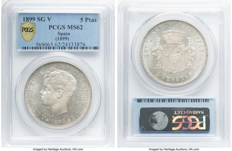 Alfonso XIII 5 Pesetas 1899(99) SG-V MS62 PCGS, Madrid mint, KM707, Cal-27. HID0...