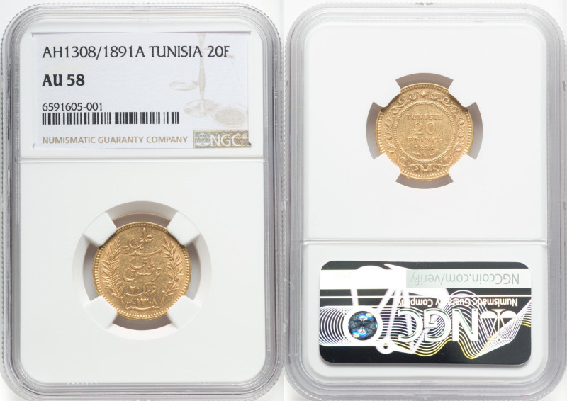 Ali Bey gold 20 Francs AH 1308 (1891)-A AU58 NGC, Paris mint, KM227. HID09801242...