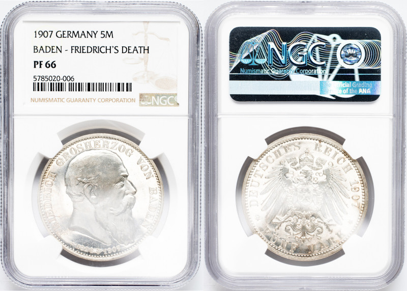 Germany, 5 Mark 1907, Baden, NGC PF 66 Germany, 5 Mark 1907, Baden, Ag, KM# 279,...