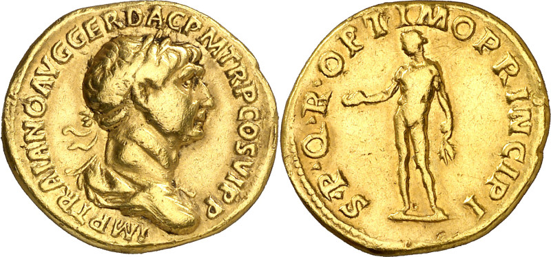 (116 d.C.). Trajano. Áureo. (Spink falta) (Co. 397) (RIC. 275) (Calicó 1092a). 7...