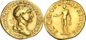 (116 d.C.). Trajano. Áureo. (Spink falta) (Co. 397) (RIC. 275) (Calicó 1092a). 7,20 g. MBC+.