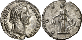 (151-152 d.C.). Antonino pío. Denario. (Spink 4068 var) (S. 288) (RIC. 204). 2,95 g. EBC-.