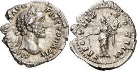 (155-156 d.C.). Antonino pío. Denario. (Spink falta) (S. 979) (RIC. 252). 3,41 g. EBC-.