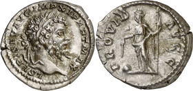 (200 d.C.). Septimio Severo. Denario. (Spink 6354 var) (S. 587) (RIC. 139). Grieta. 3,48 g. EBC-.