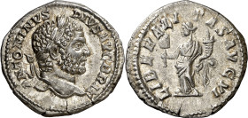 (209 d.C.). Caracalla. Denario. (Spink 6815 var) (S. 129) (RIC. 216). 3,27 g. EBC-/MBC+.