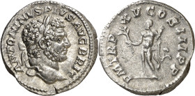 (212 d.C.). Caracalla. Denario. (Spink 6828 var) (S. 196) (RIC. 192). 4,11 g. EBC-/MBC+.