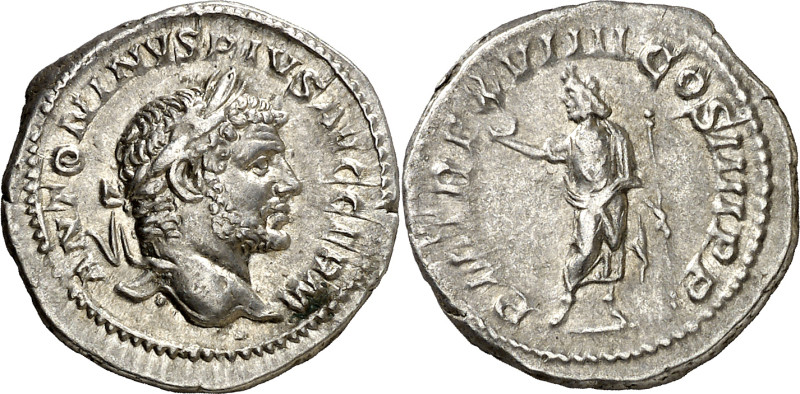 (216 d.C.). Caracalla. Denario. (Spink 6829 var) (S. 348) (RIC. 280c). 3,58 g. M...